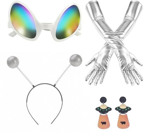 Hpbaggy Alien Kostüm Set,Alien Haarreif Rave Outfit,Alien Stirnband und Brille Handschuhe,Alien Haarreif Alien Brille,Glitzer Alien Haarreif in silver,Damen Verkleidung Erwachsene Kostüm Zubehör