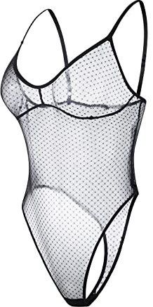 ROSVAJFY Women Sexy Bodysuit See Through Lingerie, Teddy Sheer Mesh Polka Dots, One Piece Underwear Naughty Adjustable Spaghetti Straps, Sleepwear Leotard Deep V Bodycon Jumpsuit