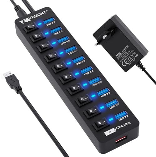 USB Hub Aktiv 3.0 mit Netzteil, VEMONT 11 Ports USB Verteiler (10*3.0 Ports,1 Intelligenter Charging Port)mit 12V/3A Netzteil,USB Splitter mit Individuellen Schalter & 1,2m Langes Kabel für PC/Laptop