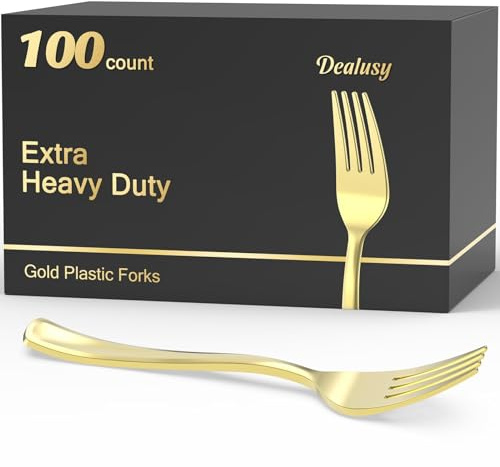 Dealusy 100 Count Heavy Duty Gold Plastic Forks Disposable, BPA-Free, Heat Resistant, Solid and Durable Premium Plastic Disposable Forks for Party Supply