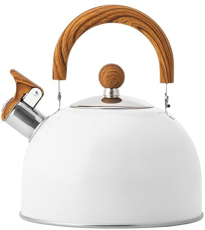 SUNJULY 2.5L Edelstahl Teekessel, Moderne Wasserkessel Induktion Mit Hitzebeständige Holzmaserung Griff, Rostschutz Pfeifkessel, für Gasherd und Elektroherd (Weiß)