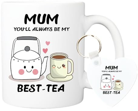 Mum Mug and Matching Keyring Gift Set, Funny Mum Birthday Cup and Keychain, from Son, Daughter, Funny Best Mother Mug Keyring, Mummy You'll Always Be My Best-Tea Ceramic 11 OZ Mug and Heart Keychain