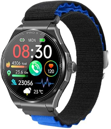 Knauermann Pro 3 (2024) Noir - Montre Santé Smartwatch avec Fonction Téléphone - ECG + HRV et Fonction SOS - Écran AMOLED BT Bluetooth - Apnée du Nuit - Bracelet en Tissu Noir/Bleu 14-24, Noir,