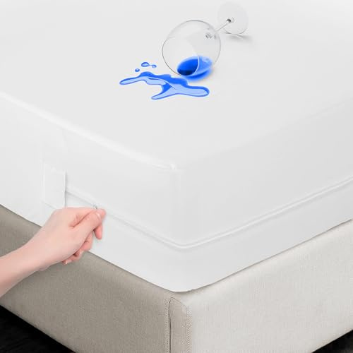 BlissLo Coprimaterasso impermeabile king size (150 x 190 + 30 cm), con cerniera, ipoallergenico, antiacaro, antiallergico, silenzioso, per letto king size, colore: bianco