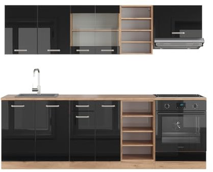 Vicco Küchenzeile R-Line, Schwarz Hochglanz/Goldkraft Eiche, 240 cm, AP Anthrazit