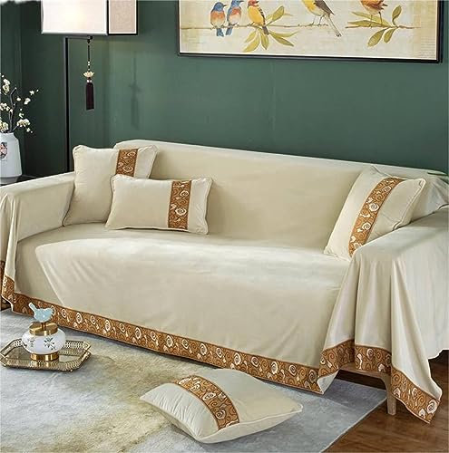 Bishilin Sofabezug Ecksofa 4 Sitzer, Couchbezug Katzenschutz Chinesischer Stil Beige 190x380CM Couch Überwurf Sofaüberwurf Mikrofaser