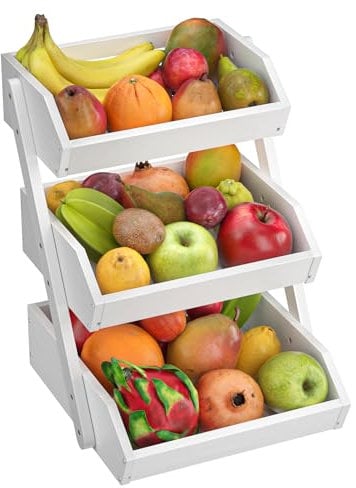 CALM COZY Soporte de bambú para Cesta de Frutas, 3 Niveles Estante para Frutas,Cesta de Almacenamiento de Pan, Soporte para Verduras para encimera de Cocina, Blanco