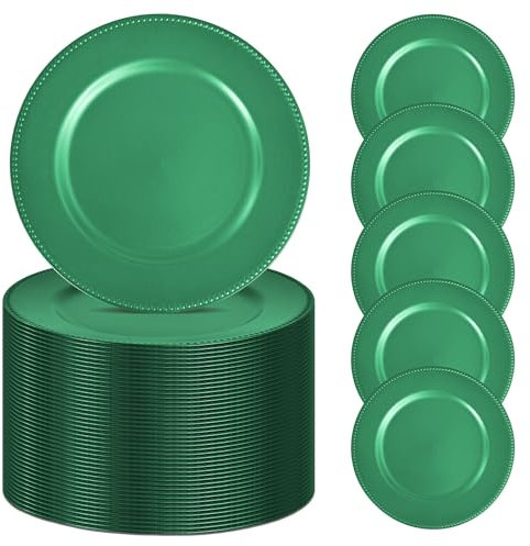 50 Pcs Green Charger Plates Bulk, 13 Round Beaded Plate Chargers for Dinner Plates, Decorative Dinner Chargers Plastic Table Chargers for Wedding Holiday Party Baby Shower Event Decoration (Green)