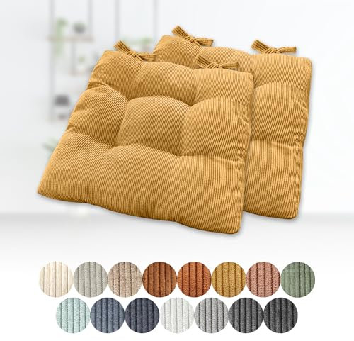 Lsjoaw 2er Set Sitzkissen 30x30x6cm Polster Auflage Gemütliche Stuhlkissen mit Bindebänder Sitzpolster Stuhlauflage Sitzpolster für Gartenstuhl Küche oder Esszimmer Quadrat Cordstoff Braun-Gelb