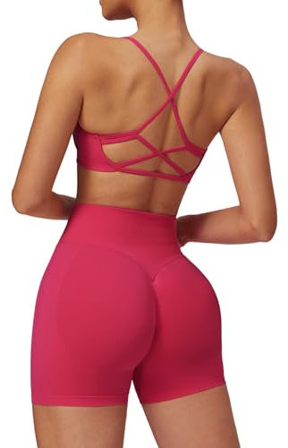 ABOCIW 2-teiliges nahtloses Workout-Set für Damen, U-Ausschnitt, Riemen, Sport-BH, Scrunch Butt Lifting, Fitnessstudio, Schlag-Shorts, himbeerrot, X-Large