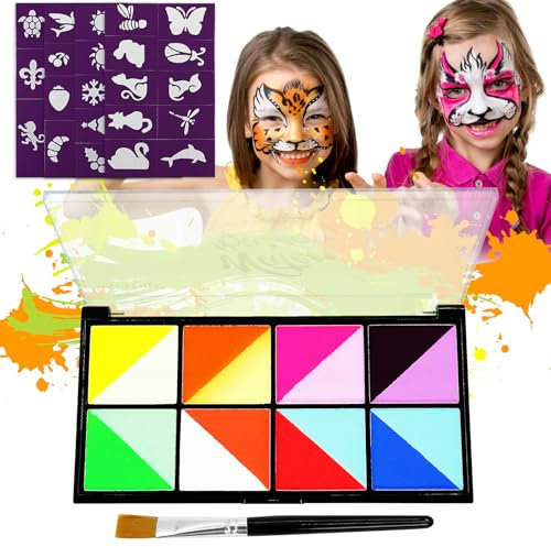NebulaGlam Kinderschminke Set, 16 Farben Face Paint Body Paint für Kinder und Erwachsene, Rainbow Split Cake Palette mit Berufs Pinsel, 40 Tattoo-Vorlagen, für Halloween Karneval Make-up Fasching