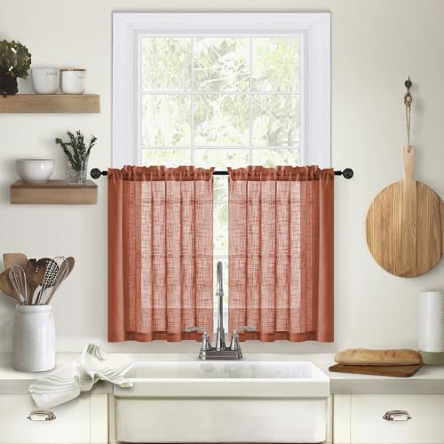 Whoiy Schlaufengardinen Kurz Modern 63 cm Höhe, Bistrogardine Transparent Einfarbig Orange Rot 2 Teilig Vorhang Kurz Fenster Leinenoptik Fenster Vorhänge 63x63.5cm