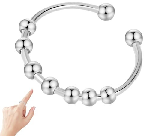 Wezalget Anti-Sorgen-Perlenringe, Edelstahl, Anti-Angst-Ring, verstellbar, offener Ring mit drehbaren Perlen, Stressabbau, Ring für Damen und Herren, verstellbar auf jede Größe
