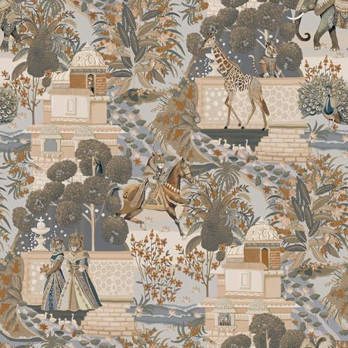 Animal Palace Navy/Orange Wallpaper - Lion Elephant Giraffe Horse Birds Botanical - Trendy Stylish Feature Wall