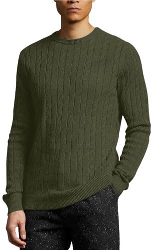 WJL WHISPERING JONES LONDON Mens Cable Knit Jumper Thick Weave Pullover Winter Fisherman Logo Knitted Sweater Long Sleeve Warm, Olive - FE, L