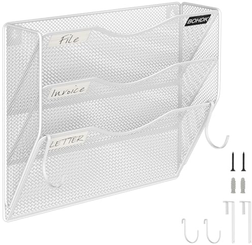 BOHDK Magazine File Holder, 3 Tire A4 Wall Mounted Document Holder, Vertical Mesh Metal Door/Wall Mount Hanging File Organiser, Paper Document Magazine Rack with Hooks for Home Office White