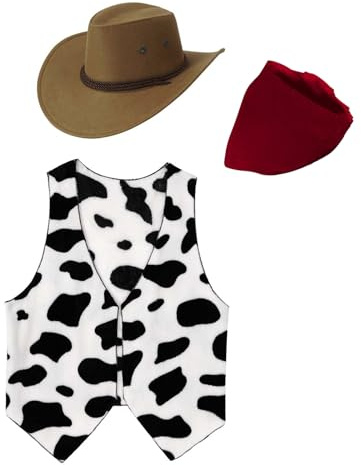 CHICTRY Halloween 3-teiliger Western Cowboy Kostüm Ärmellos Kuh gedruckt Weste Cowboy Hut Bandanna Fasching Karneval Verkleidung