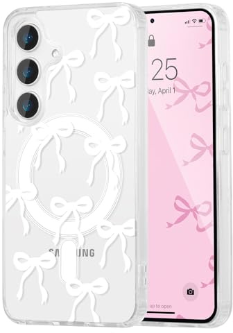 UEEBAI Magnetisch Hülle für Samsung Galaxy S23 5G, Weiß | Schleife Transparente Handyhülle mit Kabelloses Laden, Kameraschutz Anti-Vergilbung Schutzhülle, Stoßfeste Bumper Cover Case