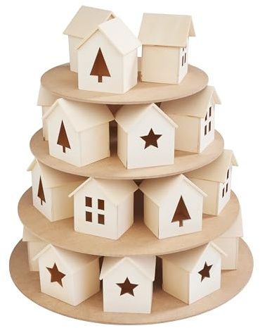 VBS Adventskalender Häuser-Pyramide 28 Stk. aus Sperrholz zum Bemalen und Dekorieren, Durchmesser 32.5 cm, Höhe 34.0 cm, ideal für Advent, geeignet für Servietten- und Decoupage-Technik