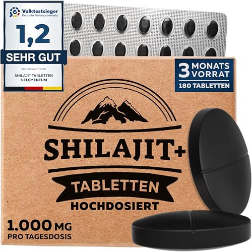 5 elementum Shilajit Pure Himalaya 180 Comprimés Hautement Dosés, 90 000 mg Total, 82 % d’Acide Fulvique | Comprimés d’Origine Himalaya Faciles à Avaler | Mumijo Authentique | Testé Eurofins