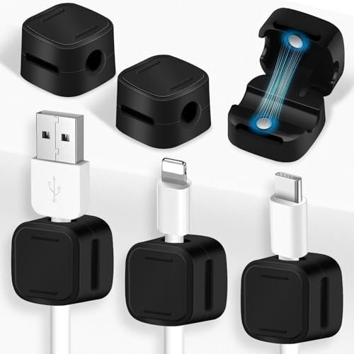 MXTIMWAN 6 Pièces Organisateur de Câble Magnétique, Clips Cable Auto-Adhésifs, Cable Management Bureau, Accroche Cable Adhésif pour Table de Nuit, Câbles D'alimentation, Câbles HDMI, USB, Audio, Noir