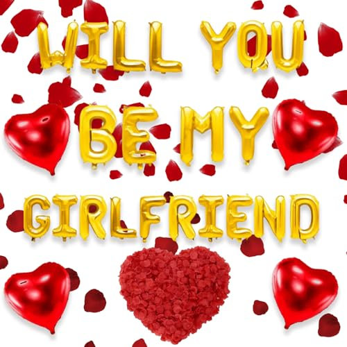 Juego de globos, cartas ¿Quieres ser mi novia?, globos, globos de corazón, pétalos de rosa, decoraciones para la propuesta de matrimonio para el día de San Valentín, confesión (dorado)
