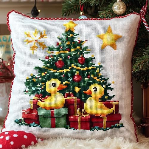 WallustrioaW Navidad Punto De Cruz Kit Cojin,Regalos de pato y árbol de Navidad,Cross Stitch Embroidery,45x45cm Adultos Decoracion Bordar Kit Principiantes DIY Bordado Creativo Regalo