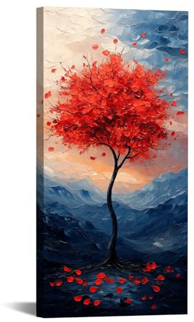 TODOAA Tableau Décoration Murale Salon arbre de vie Peintures, Graffiti Art de l’arbre rouge Image sur Toile Murale pour Chambre- Maison Bain affiche Impression - 30x60cm Encadrée(rouge)