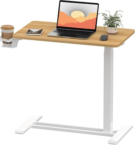 SANODESK Standing Desk Height Adjustable Overbed Bedside Table with Hidden Casters, Pneumatic Mobile Laptop Computer Standing Desk Cart with Tray, Hospital and Home Use(White Frame+Maple Top)