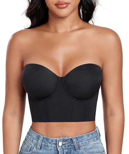 DotVol Women's Strapless Underwire Longline Corset Bustier Bra | Non-Slip, Full Coverage, All-day Support, Light Padding