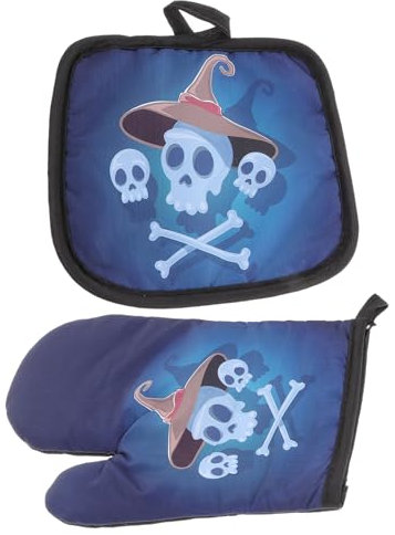 UKCOCO 1Set Halloween Oven Mitt and Pot Holder Heat Resistant Kitchen Gloves with Non Skid Grip Unique Halloween Design for Cooking Baking and Serving