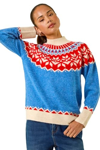 Roman Petite Fairisle High Neck Knit Jumper for Women UK - Ladies Everyday Autumn Winter Comfy Soft Evening Vacation Work Party Night Out - Petite Blue - Size 14