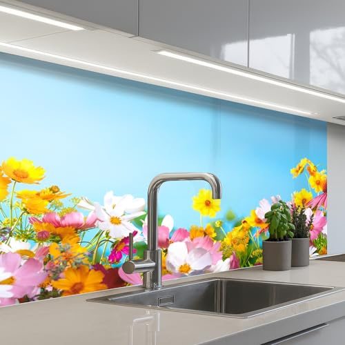 KitchenYeah© Splashback for kitchen 24x39 / 60x100 cm self adhesive Sink Splash Splatter Guard Backsplash Decor Flowers - Colourful - Blue - Nature