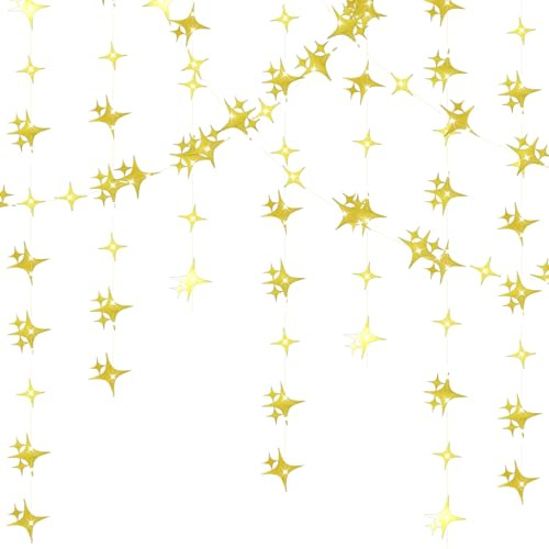 3 Stück Sterngirlande Gold Sterne Banner Deko, 4m Lang Sternen Girlande Vierzackige Stern Partydeko Weihnachtsdeko, Glitzer Sternengirlande Hängende für Geburtstag Hochzeit Babyparty