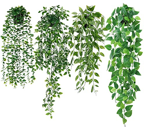 Lot de 4 plantes artificielles suspendues avec pots - Sans entretien - Vigne décorative pour jardin d'intérieur et d'extérieur (pothos)