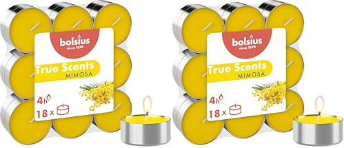 Bolsius True Scents – 18 Teelichter – Mimosa – Brenndauer: 4 Stunden – Innendekoration – natürliche Extrakte – mit natürlichem veganem Wachs (Packung mit 2)