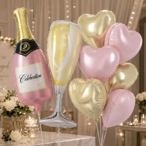 Baby Pink Gold Heart Balloons with 37inch Champagne Bottle Glass Foil Balloons, Helium Light Gold Pink Heart Shaped Wine Balloon for Girls Women Birthday Baby Shower Bridal Wedding Valentines Decor