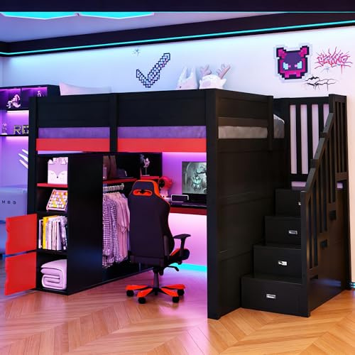Letto a soppalco Gaming 140x200cm con illuminazione a LED e porta USB,letto a castello con scrivania e spazio di archiviazione multilivello,legno letto con scala nera con vano portaoggetti,nero+rosso