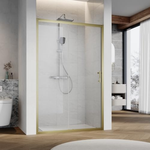 SUNXURY Porte coulissante 100 x 185 cm - Porte de douche en forme de H - En verre de sécurité transparent de 5 mm - Avec poignée en forme de H - Pour petites salles de bain - Doré brossé