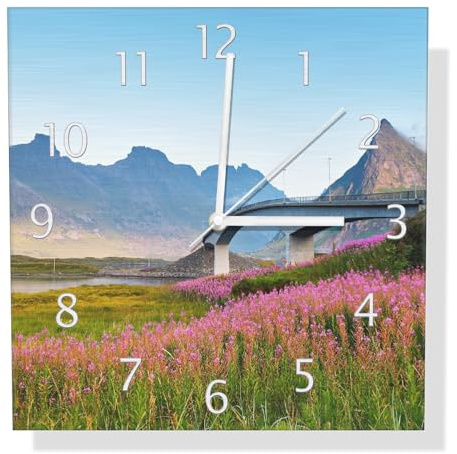 Wallario Design Wanduhr Brücke zwischen Bergen und Blütenmeer aus Aluverbund, Alu-Uhr Größe 30 x 30 cm, weiße Zeiger mit Metalloptik