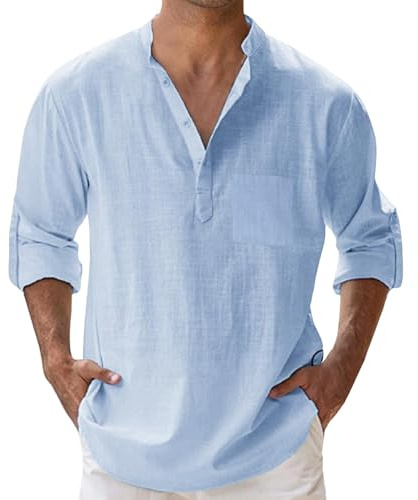 Luadnysin Camicia da Uomo in Lino, Maniche Lunghe Regolabili, Collo Coreano, con Taschino, Traspirante e Leggera, per Primavera, Estate e Autunno, Tempo Libero e Spiaggia,S-5XL