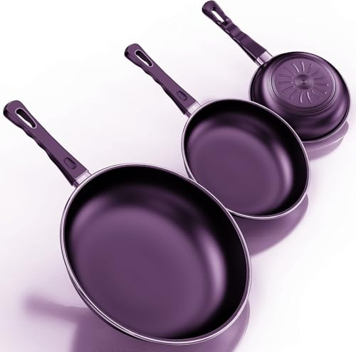 Kiseely Set di padelle antiaderenti, set da 3 padelle da 24, 26e 30 cm, senza PFAS, lavabile in lavastoviglie, adatto a tutti i tipi di piani cottura, compresa l'induzione (RD2)
