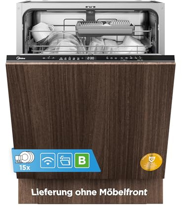 Midea Spülmaschine 60 cm Vollintegrierbar 15 Maßgedecke 42 dB Leise EEK B | Besteckschublade, Ion Dishfresh, 9 Programme, Automatische Türöffnung, Startverzögerung, Einbau Geschirrspüler Home Connect
