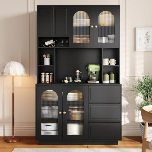 Ligterra Hochschrank, Buffetschrank, Küchenschrank, Standvitrine, Sideboard, mit Bogen-Acryltüren, Offenen Fächern, mit APP-Gesteuerter Farbverstellbarer LED-Beleuchtung, 106×30×175cm (Schwarz)