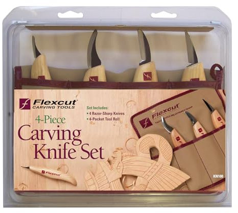 FLEXCUT Carving Knife Set 4 Piece, Schnitzmesser, Holzgriff, Kerbschnitzmesser, Kohlenstoffreicher Klingenstahl, Werkzeugrolle, Wood Carving, scharfes Messer für Holz Schnitzwerkzeug, Bastler,