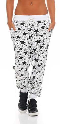 Malito Damen Sweathose mit Star Print | Baggy zum Tanzen | Jogginghose mit Knopfleiste | Sweatpants - Trainingshose 8020 (weiß)