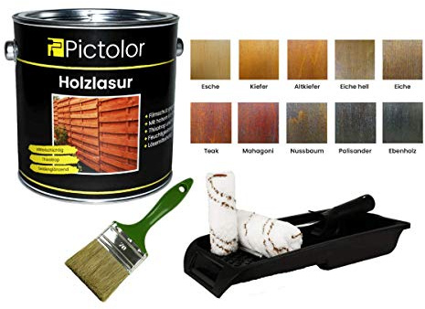 Pictolor Holzlasur 2,5 Liter Esche + Lasurpinsel 70mm + Walzenset