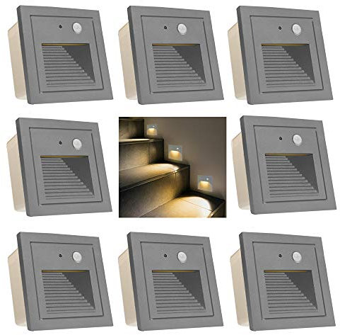 Arotelicht 8Pcs Segnapasso LED Con Sensore Movimento, Faretto Da Incasso per Scale, IP65 3W, Luce Segnapassi Bianco Caldo 3000K, in Alluminio Grigio, per Giardino Viale Gradini