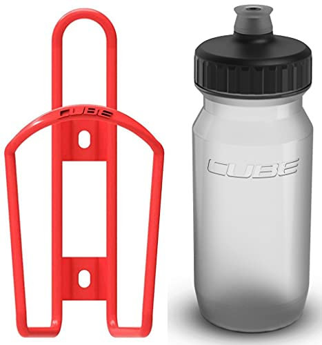 Cube HPA Cage - Tango Red & Feather Bottle - Clear, 750ml / Lightweight Bicycle Cycling Cycle Bike MTB Mountain Road Water Drink Flask Bidon Bracket Mount Holder Carrier Part HPC HPP Set Accessories