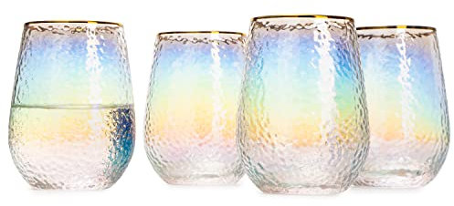 Regenbogen-Wein- und Wassergläser, schillernd, ohne Stiel, 100 % Glas, 425 ml, mundgeblasen, bunte Perlengläser, Jahrestage, Geburtstagsgeschenk, Cocktail-Party, Strahlkraft – Wasser, Whiskey, Saft,